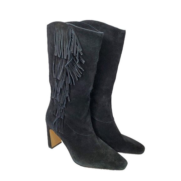 Vince Camuto Womens Suede Heeled Boot Sz 11 M Black Tassels Mid Calf Boho - Picture 1 of 9